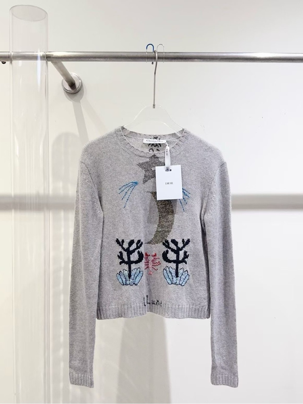 🚩steal Dior Light Gray Crewneck Sweater with Mermaid Motif